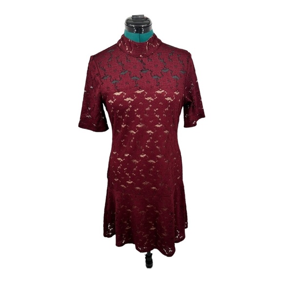 BCBG Maxazria Burgandy Lace Nude Lining high neck dress - Picture 5 of 10